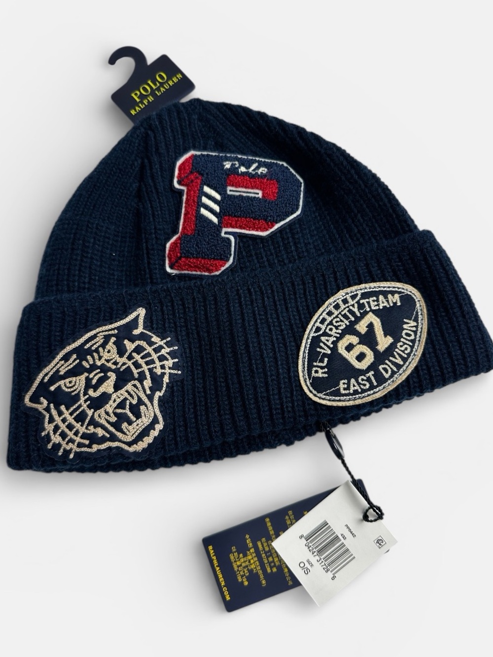 Polo Ralph Lauren Navy Blue Tiger Big P Football Patch Knit Beanie Hat NWT Wool